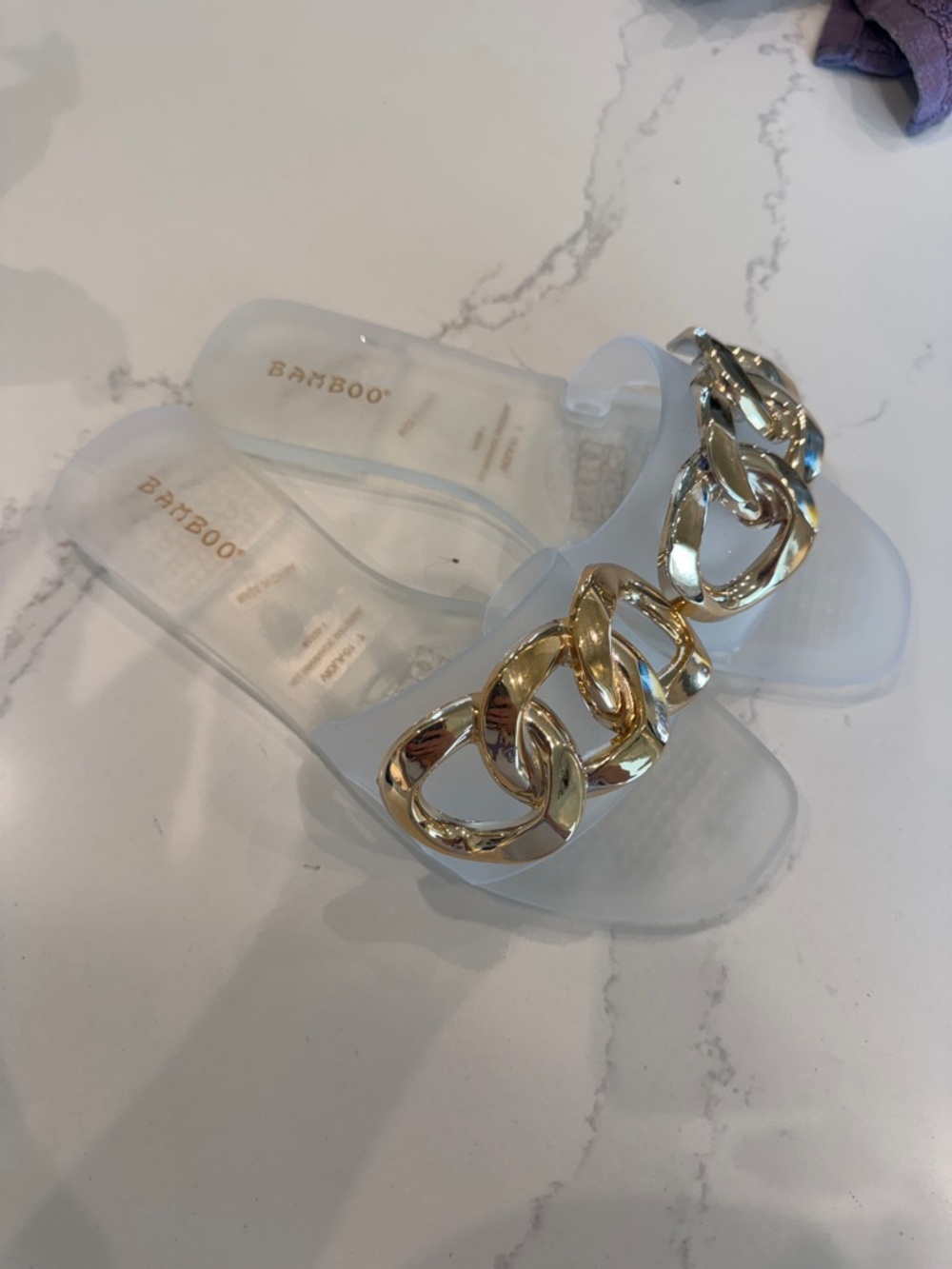 BAMBOO Clear Slide Sandals with Gold Chain Accent